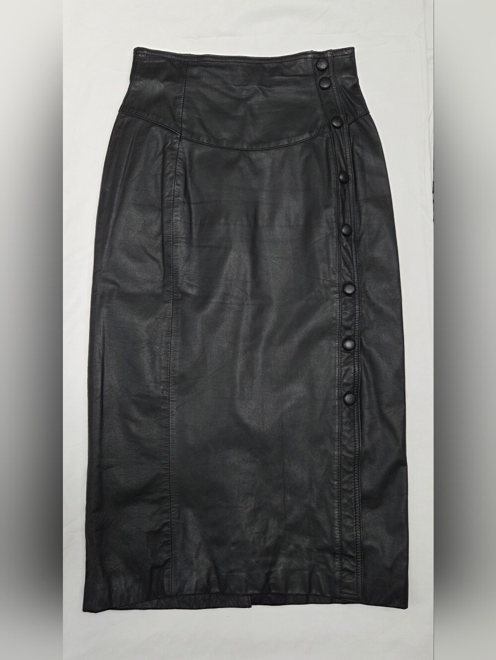 80s Wilsons Leather Black Leather Side Snap Midi Skirt S